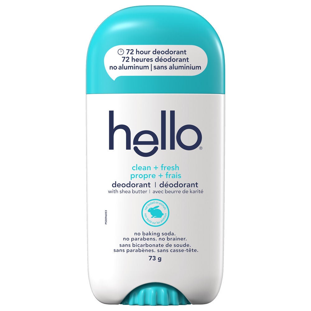 hello Clean + Fresh Aluminum Free Deodorant for Women and Men in crisp new packaging with 72-hour freshness.