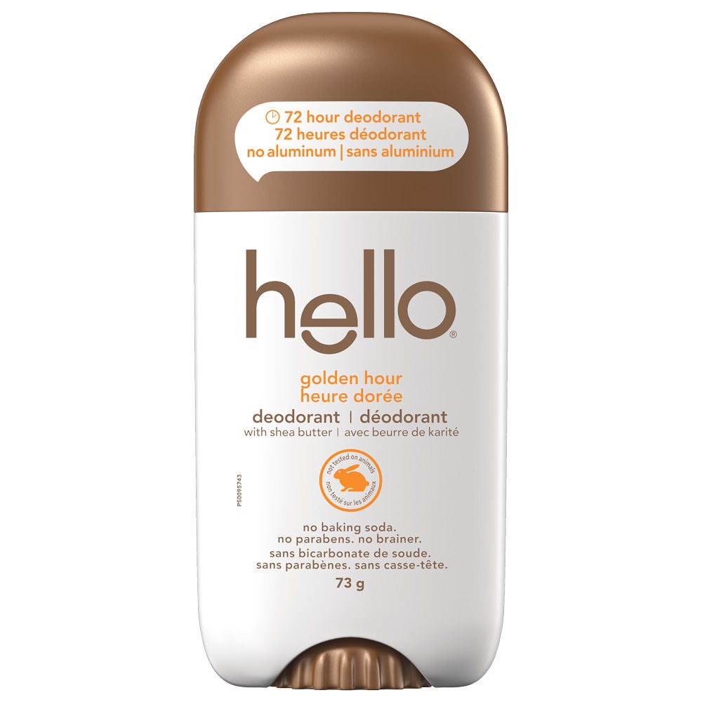 hello golden hour aluminum free deodorant for Women and Men in radiant new packaging with 72-hour freshness.