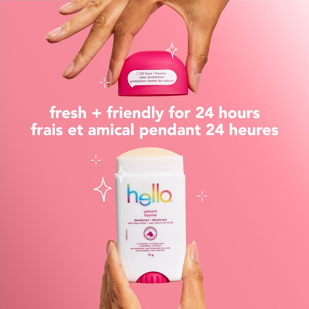 A white bottle of Hello Unicorn deodorant. The bottle has blue and green lettering and states &quot;24 hour odor protection,&quot; &quot;fresh + friendly for 24 hours,&quot; &quot;with shea butter,&quot; &quot;no aluminum,&quot; &quot;no baking soda,&quot; &quot;no parabens,&quot; and &quot;no brainer&quot; in both English and French. The image also includes the word &quot;unicorn&quot; in English and French.