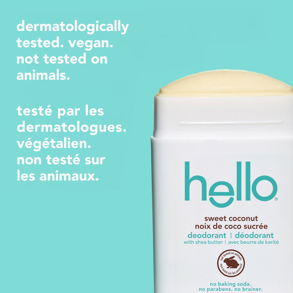 hello sweet coconut aluminum free deodorant for Women and Men with smooth stick exposed, dermatologically tested and vegan.
