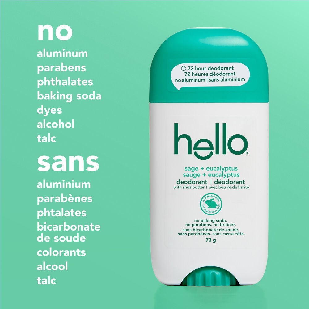 hello sage + eucalyptus aluminum free deodorant for Women and Men made without aluminum, parabens, phthalates, dyes, or baking soda.