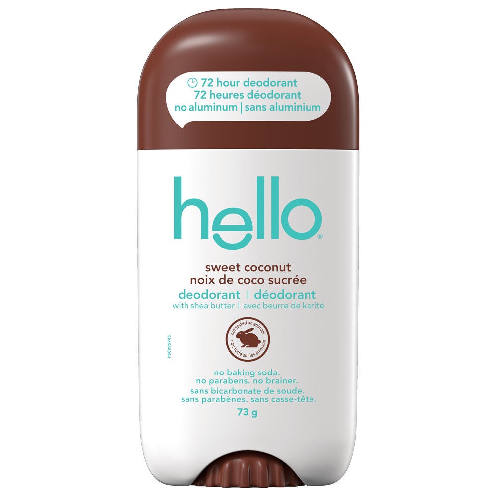 hello sweet coconut aluminum free deodorant for Women and Men in fresh new packaging with 72-hour freshness.