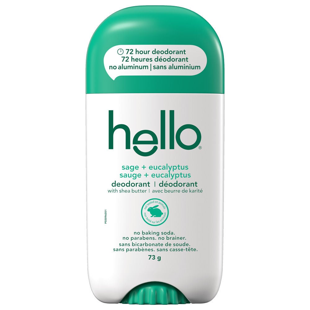 hello sage + eucalyptus aluminum free deodorant for Women and Men in new packaging with 72-hour freshness.