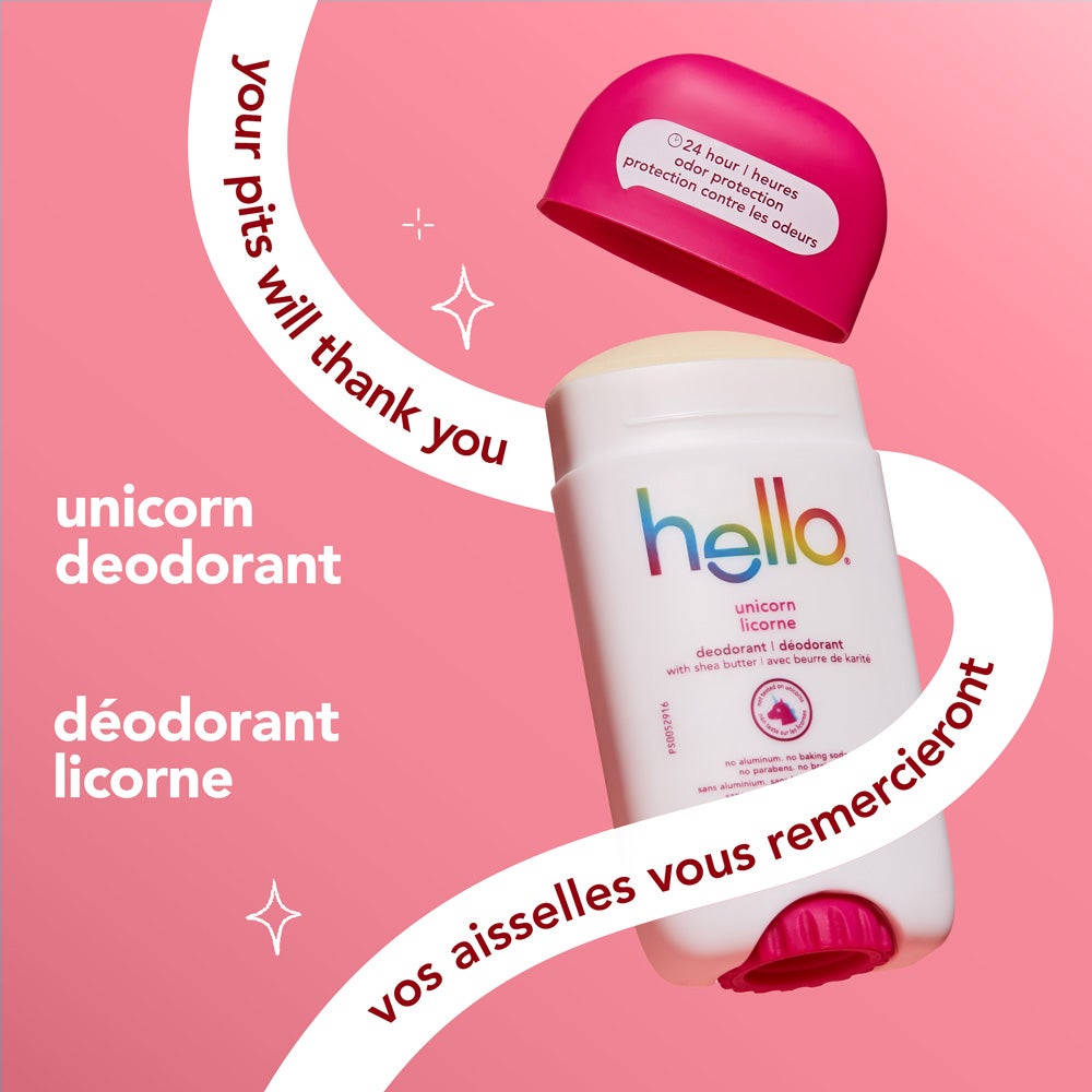 A stick of hello unicorn deodorant with its pink cap off, set on a pink background. The text reads &quot;your pits will thank you&quot; and &quot;unicorn deodorant.&quot; Decorative sparkles are next to the text.