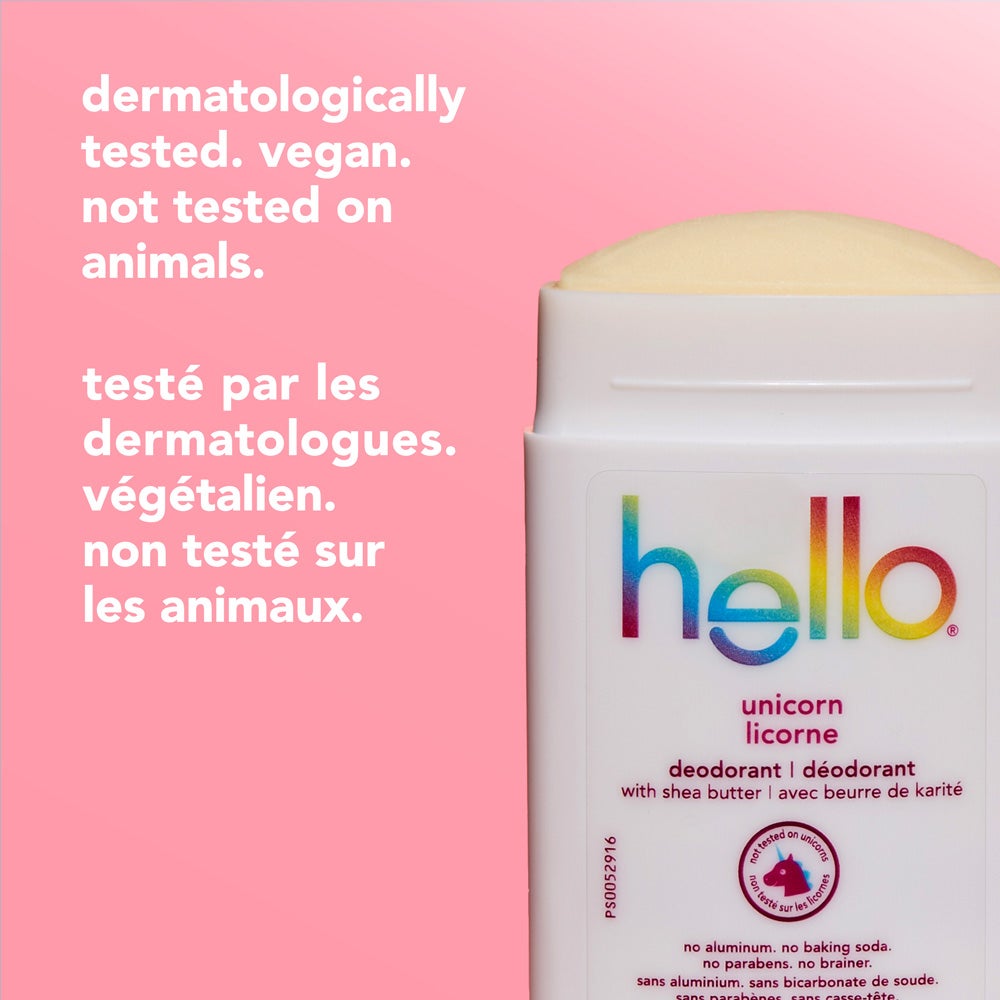 An open hello unicorn deodorant stick is shown on the right. On the left side, the image displays text reading &quot;dermatologically tested. vegan. not tested on animals.&quot;