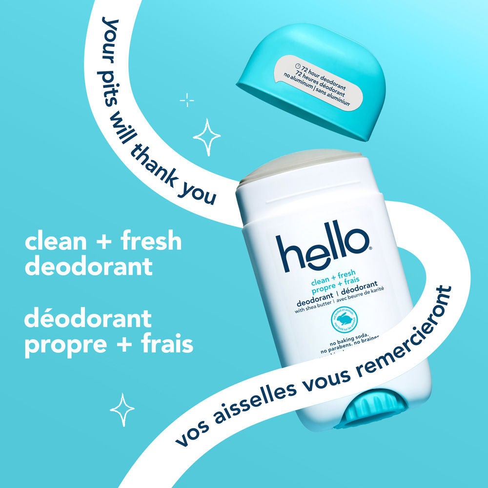 hello Clean + Fresh Aluminum Free Deodorant for Women and Men with cap off and clean, confident energy.
