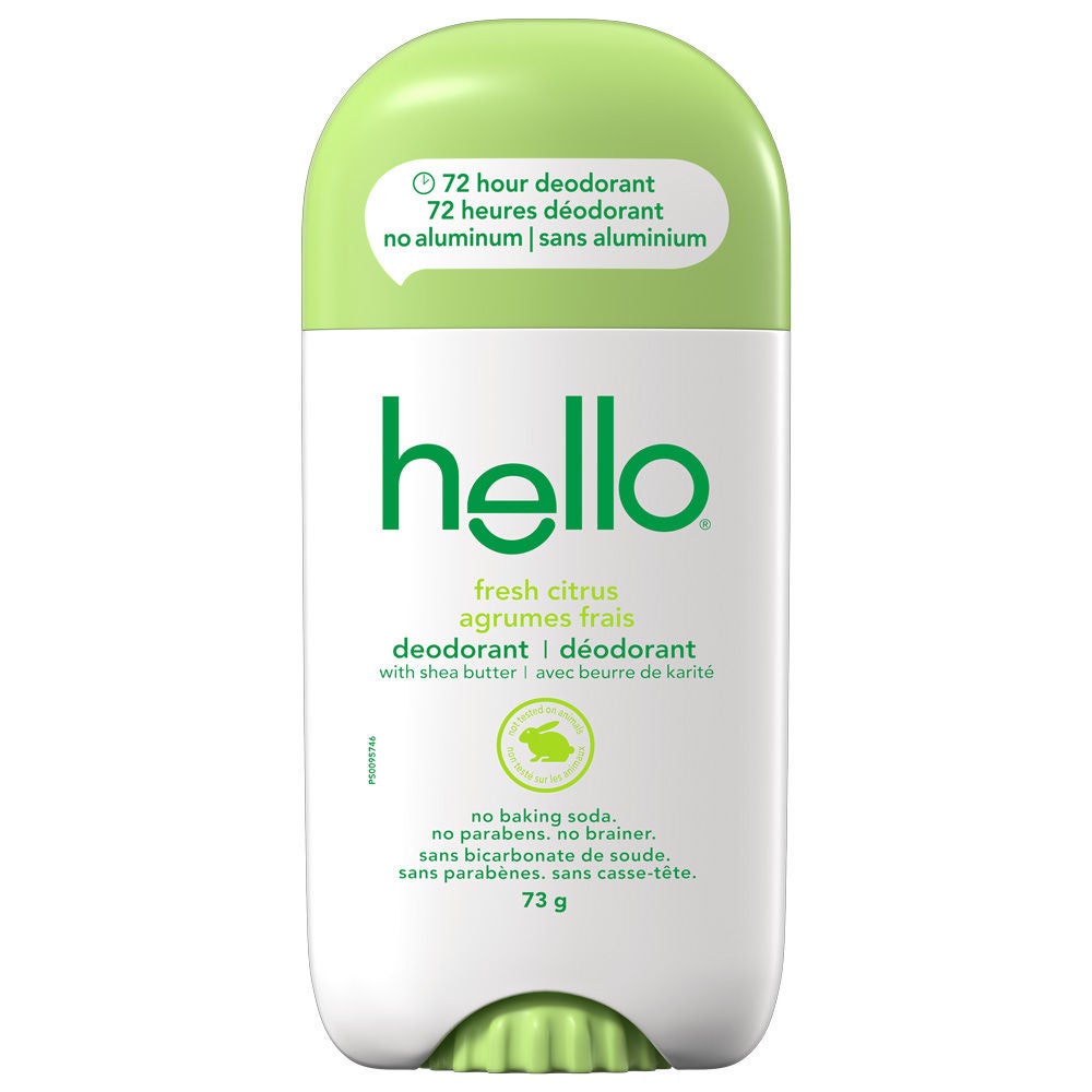 hello Fresh Citrus Aluminum Free Deodorant for Women and Men in vibrant new packaging with 72-hour freshness.