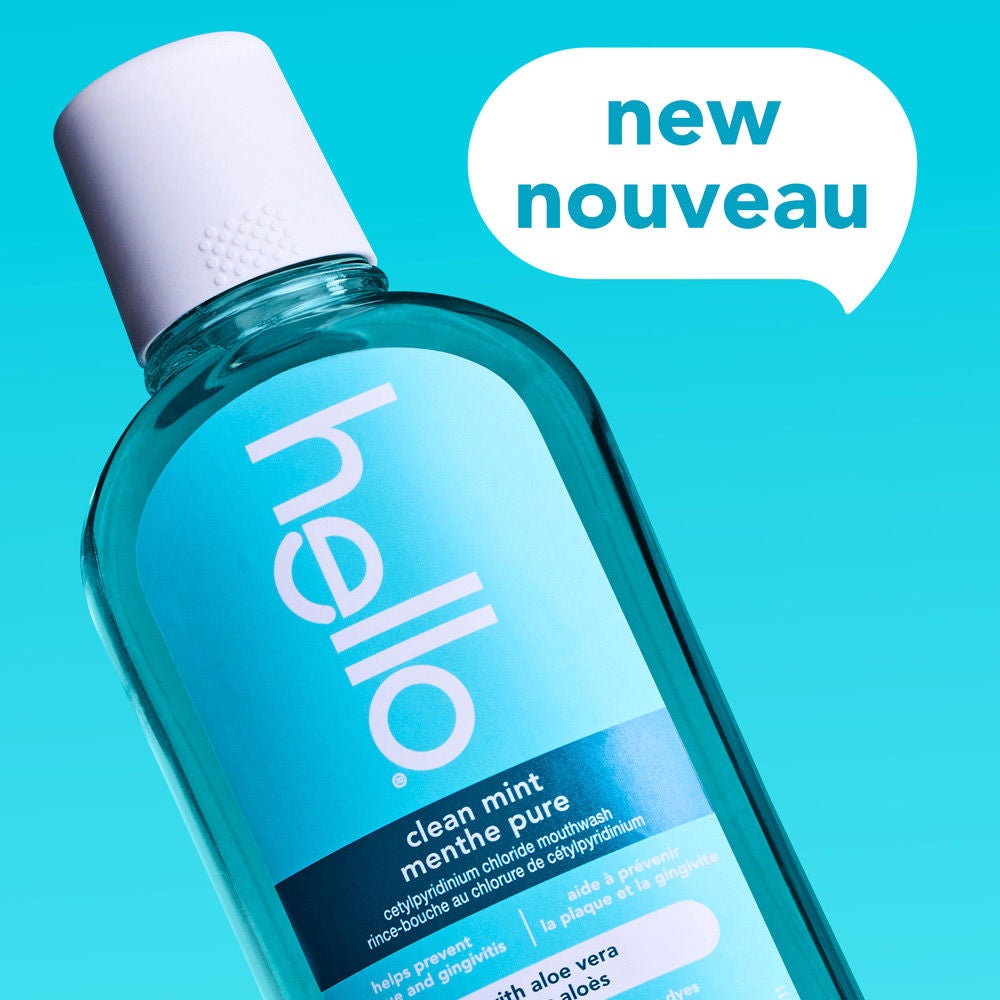 hello Extra Minty Alcohol Free Mouthwash with Extra Cooling with text listing no alcohol, fluoride, dyes, artificial flavours, artificial sweeteners, or SLS.