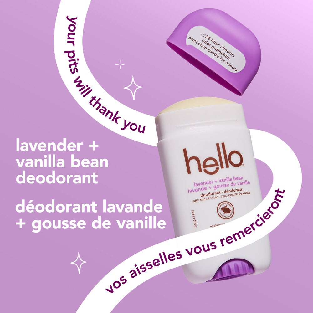 A stick of hello lavender vanilla  deodorant with its light purple cap off, set on a green background. The text reads &quot;your pits will thank you&quot; and &quot;lavender vanilla bean &quot; Decorative sparkles appear next to the text.