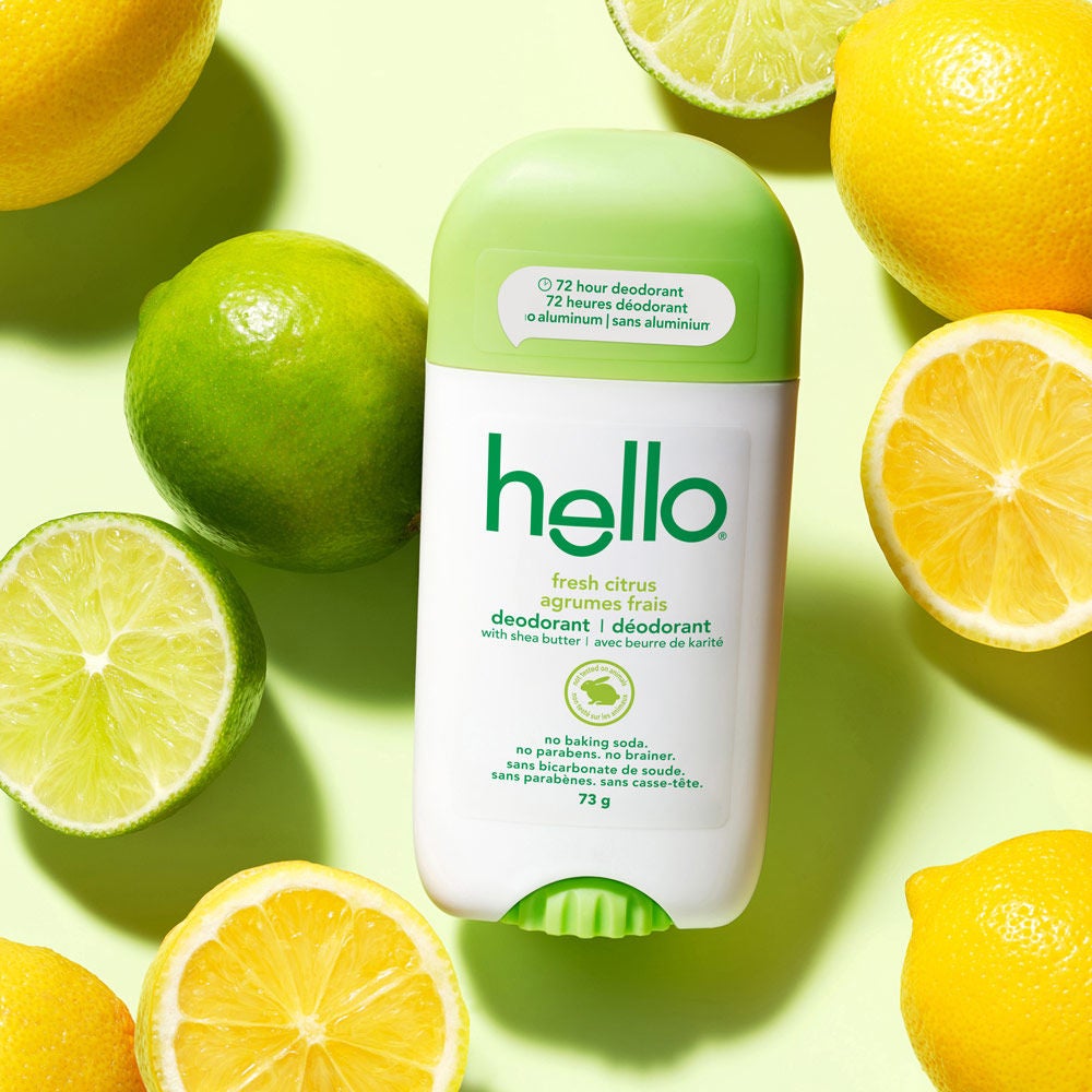 hello Fresh Citrus Aluminum Free Deodorant for Women and Men with smooth stick exposed, dermatologically tested and vegan.