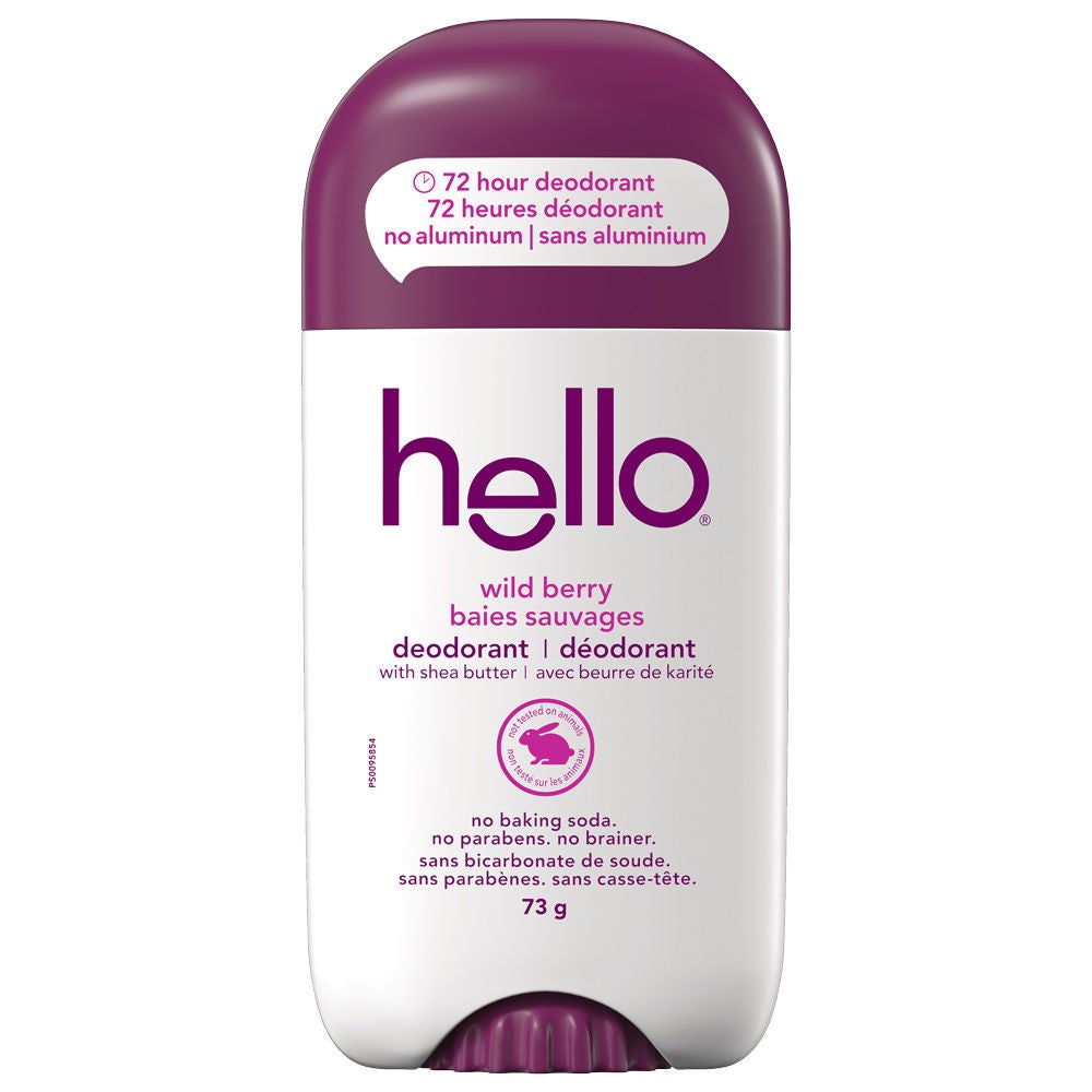 hello Wild Berry Aluminum Free Deodorant for Women and Men in bold new packaging that’s ready for 72-hour freshness.