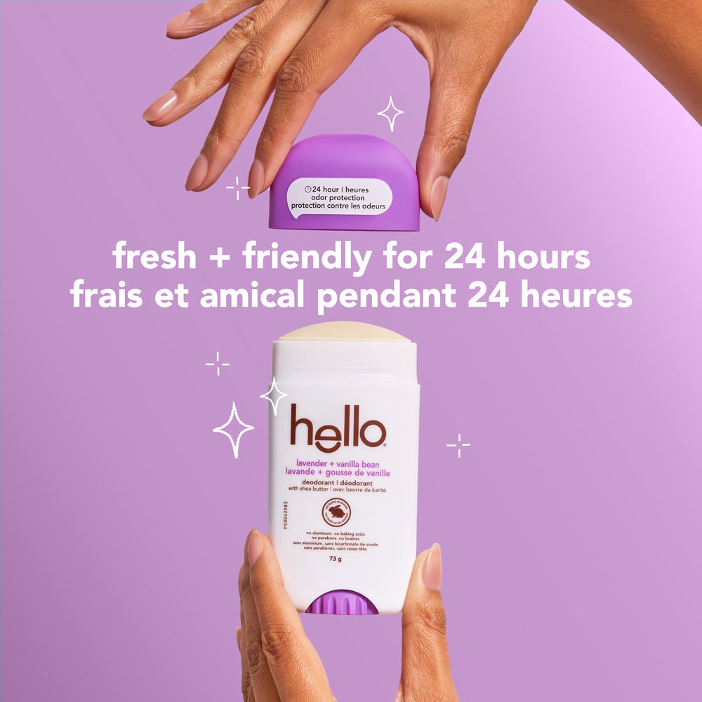 A white bottle of Hello Lavender + Vanilla Bean deodorant. The bottle has blue and green lettering and states &quot;24 hour odor protection,&quot; &quot;fresh + friendly for 24 hours,&quot; &quot;with shea butter,&quot; &quot;no aluminum,&quot; &quot;no baking soda,&quot; &quot;no parabens,&quot; and &quot;no brainer&quot; in both English and French. The image also includes the words &quot;lavender + vanilla bean.&quot;