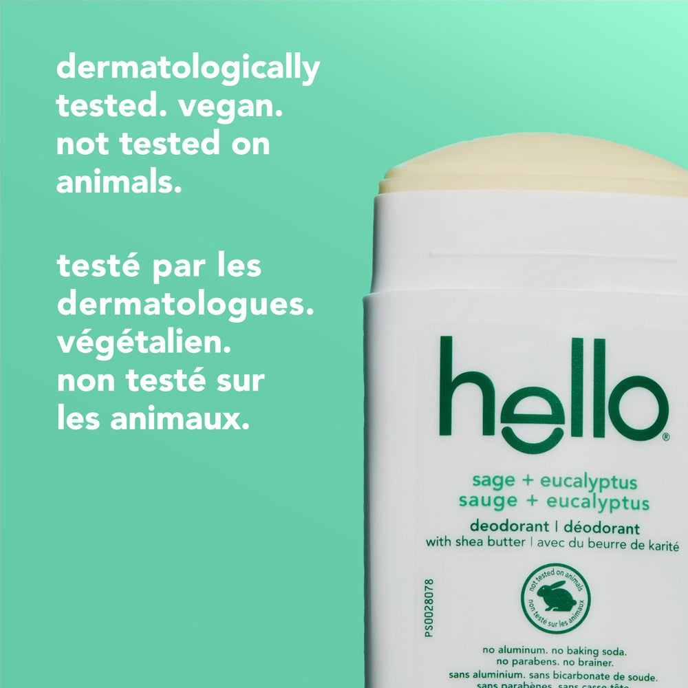 An open hello Sage + Eucalyptus deodorant stick is shown on the right. On the left side, the image displays text reading &quot;dermatologically tested. vegan. not tested on animals.&quot;