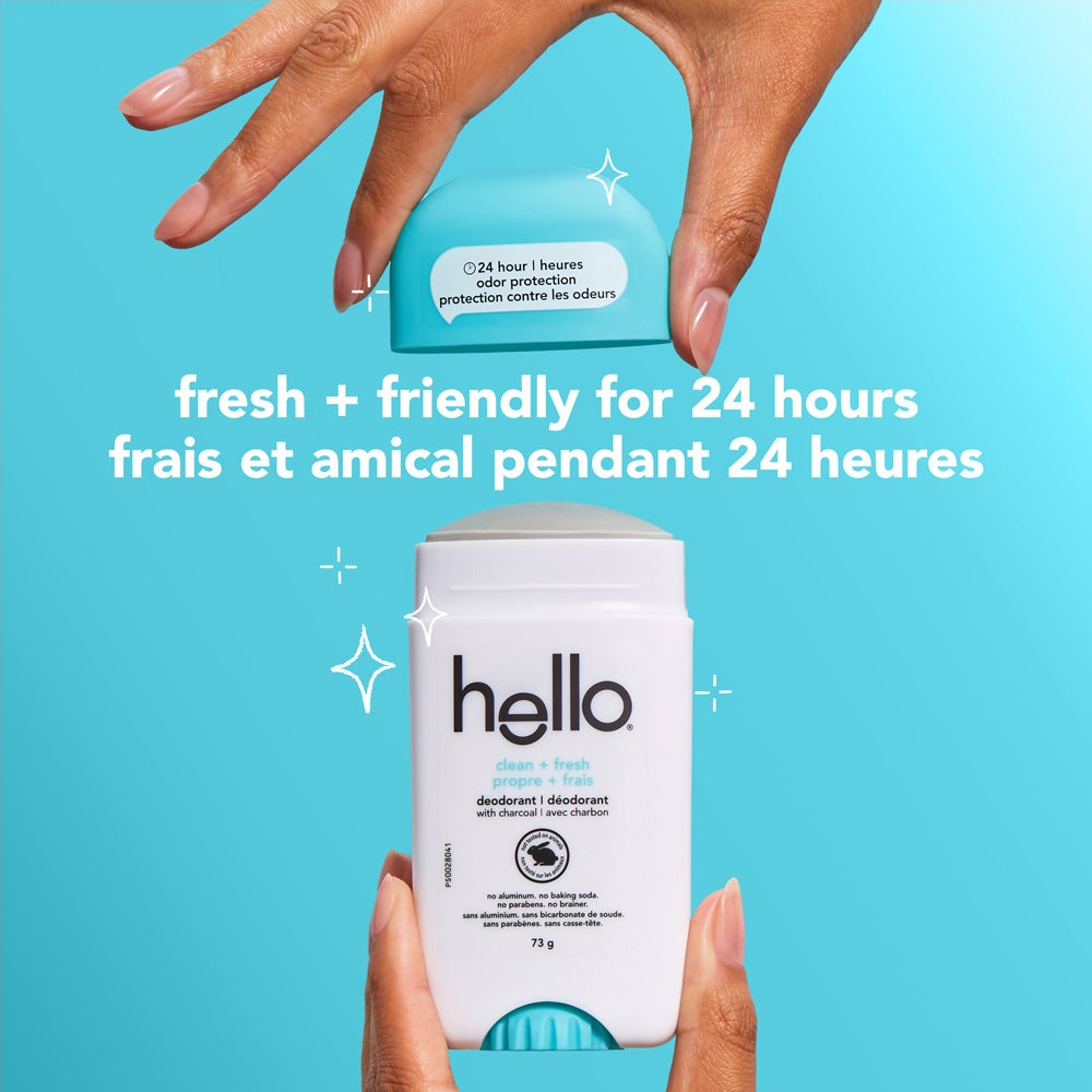 A white bottle of hello clean + fresh deodorant with charcoal. The bottle has blue and green lettering that states &quot;24 hour odor protection,&quot; &quot;no aluminum,&quot; &quot;no baking soda,&quot; &quot;no parabens,&quot; and &quot;no brainer.&quot; The text is displayed in both English and French.
