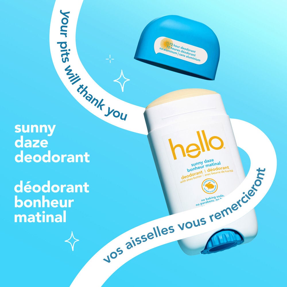 Uncapped Hello Sunny Daze deodorant stick tilted against a blue backdrop with light blue accent swooshes. Product text reads "your pits will thank you" alongside French translation "vos aisselles vous remercieront"