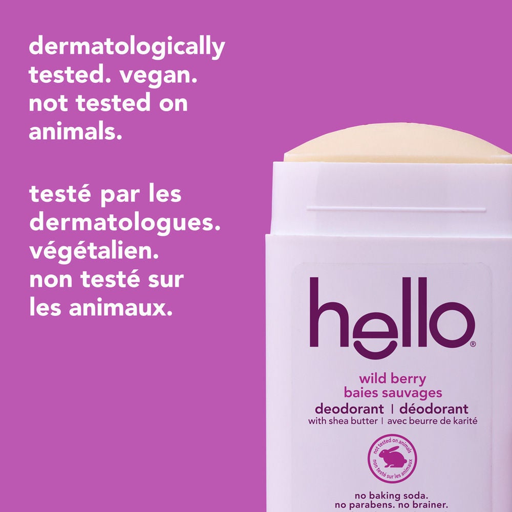 hello Wild Berry Aluminum Free Deodorant for Women and Men with smooth stick exposed, dermatologically tested, vegan, and not tested on animals. 