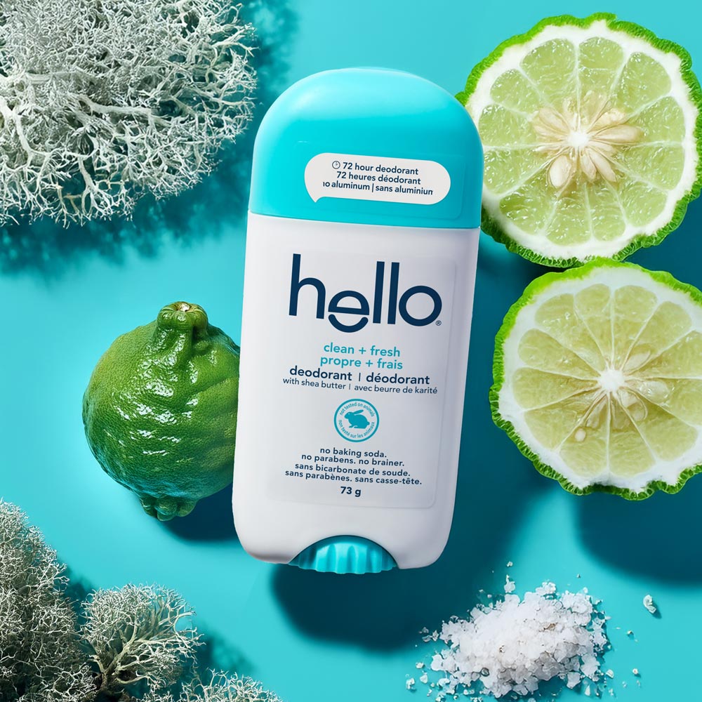 hello Clean + Fresh Aluminum Free Deodorant for Women and Men surrounded by fresh scent inspiration.