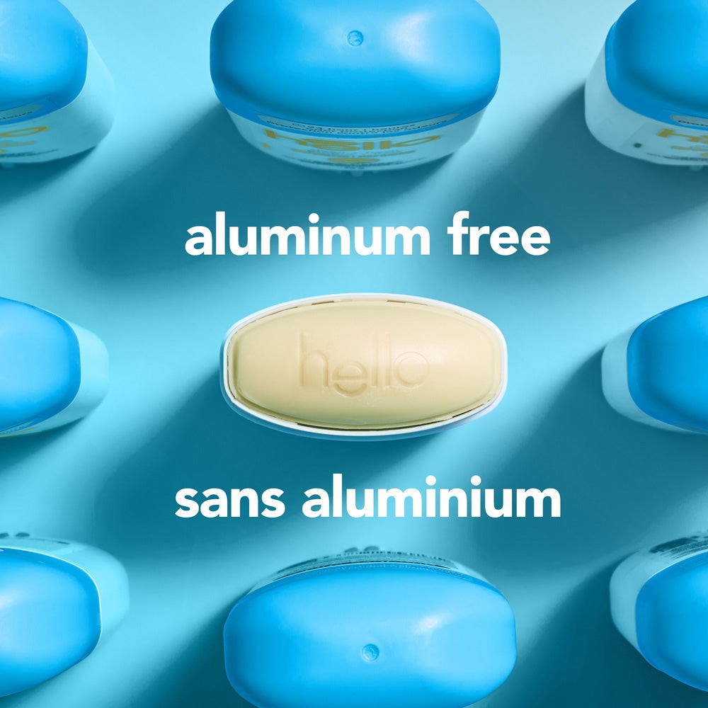 Hello Sunny Daze deodorant with shea butter, showing the top opf the packaging and highlighting the &quot;no aluminum&quot; benefit 