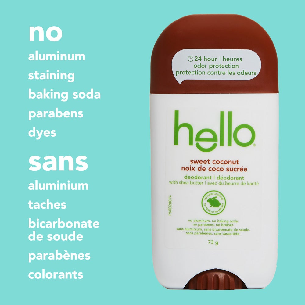 hello sweet coconut deodorant stick with a brown cap. The front label reads ‘deodorant with shea butter.’ A callout highlights ‘24 hour odor protection.’ Text alongside the product lists: no aluminum, staining, baking soda, parabens, or dyes.
