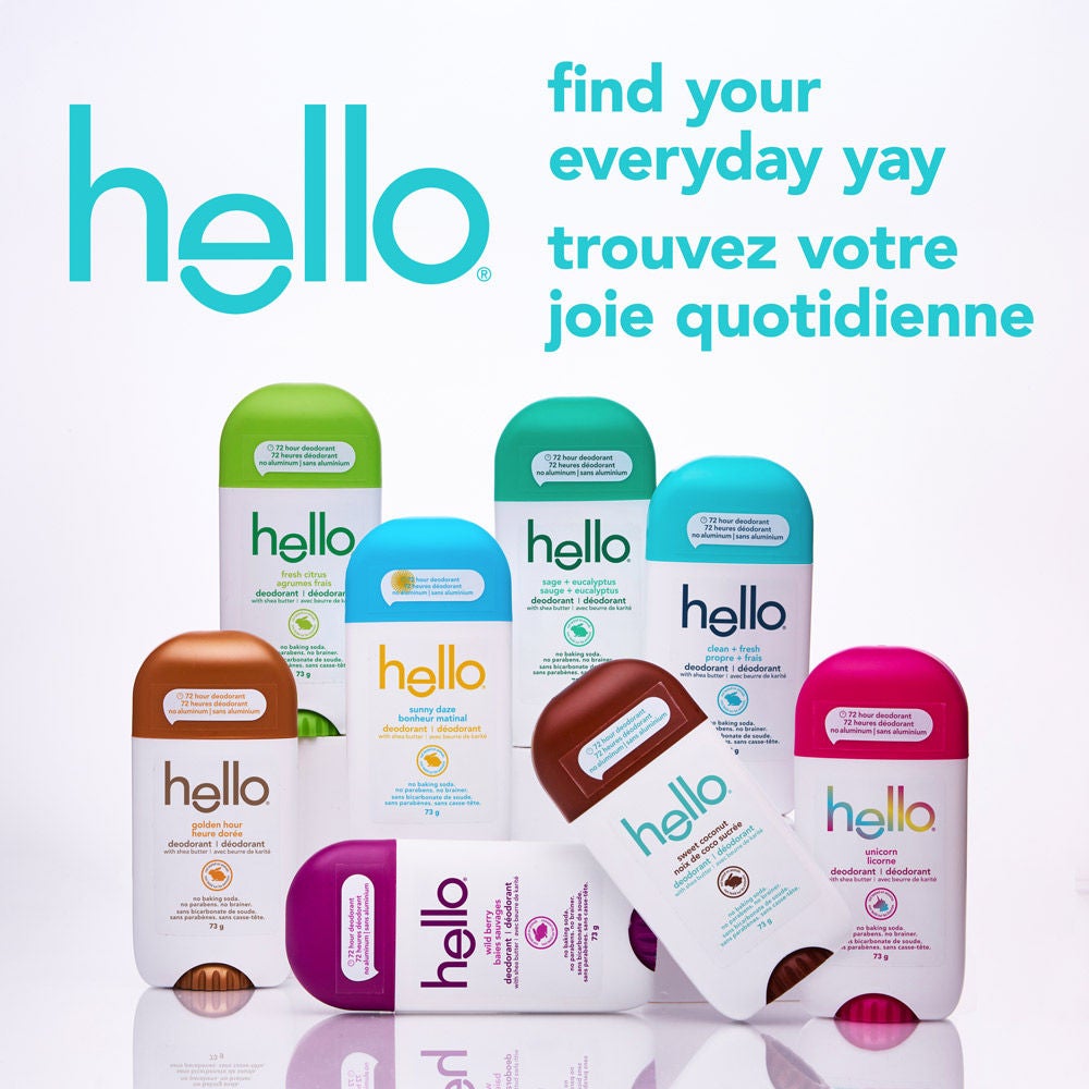 hello sweet coconut aluminum free deodorant for Women and Men standing proudly with the full hello deodorant family.