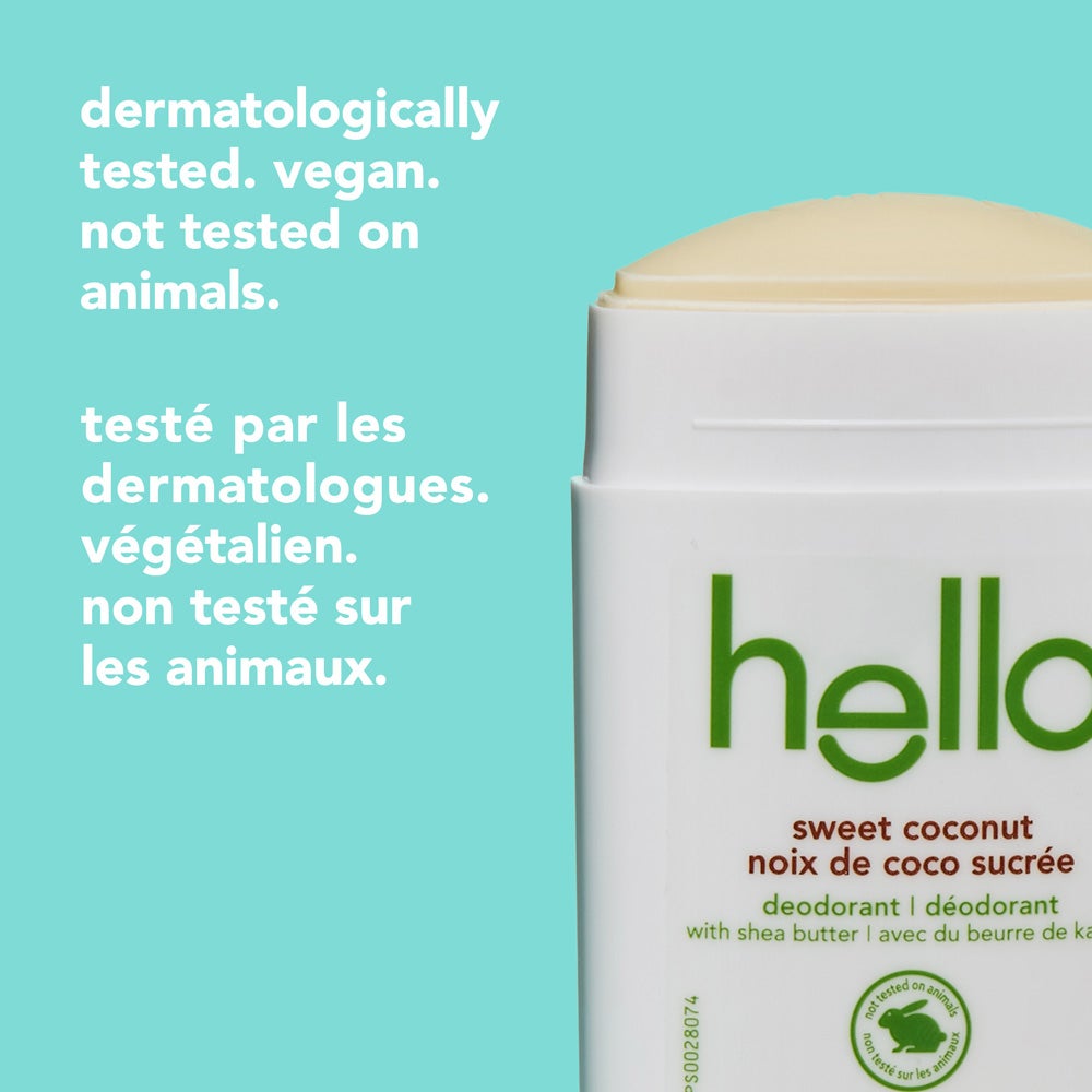 hello sweet coconut deodorant stick with a brown cap, cap removed to show the product. Text on the left reads: dermatologically tested, vegan, not tested on animals.