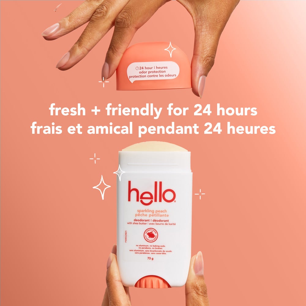 A white bottle of Hello Sparkling Peach deodorant. The bottle has blue and green lettering and states &quot;24 hour odor protection,&quot; &quot;sparkling peach,&quot; &quot;with shea butter,&quot; &quot;no aluminum,&quot; &quot;no baking soda,&quot; &quot;no parabens,&quot; and &quot;no brainer&quot; in both English and French.