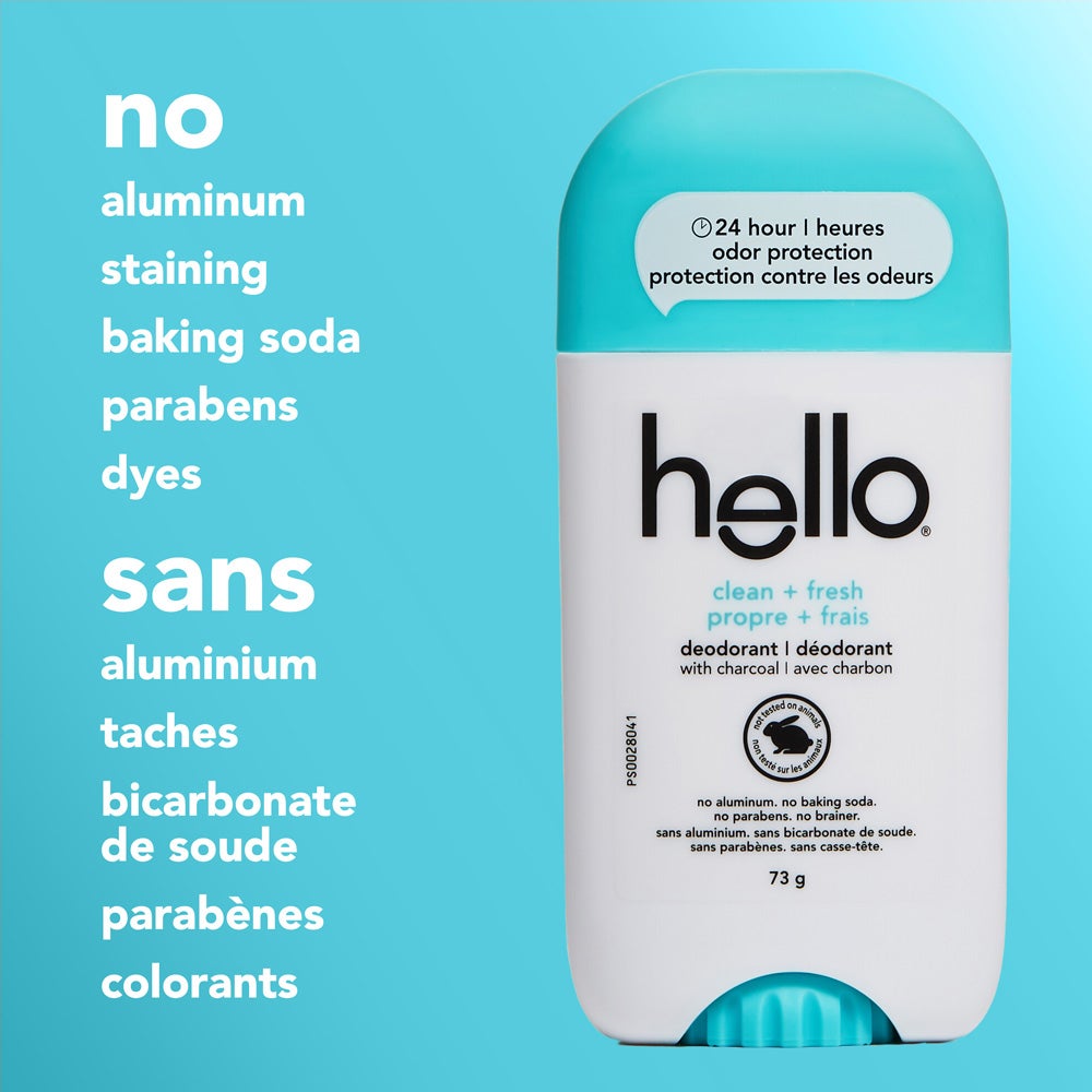 hello clean + fresh deodorant stick with a blue cap. The front label reads ‘deodorant with charcoal.’ A callout highlights ‘24 hour odor protection.’ Text alongside the product lists: no aluminum, staining, baking soda, parabens, or dyes.