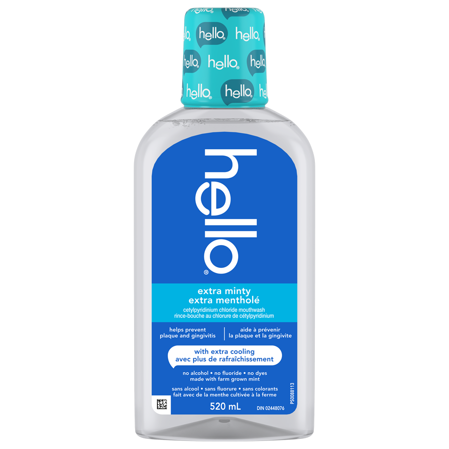 Front view of hello Extra Minty Alcohol Free Mouthwash with Extra Cooling in a clear bottle with blue label and clear liquid.