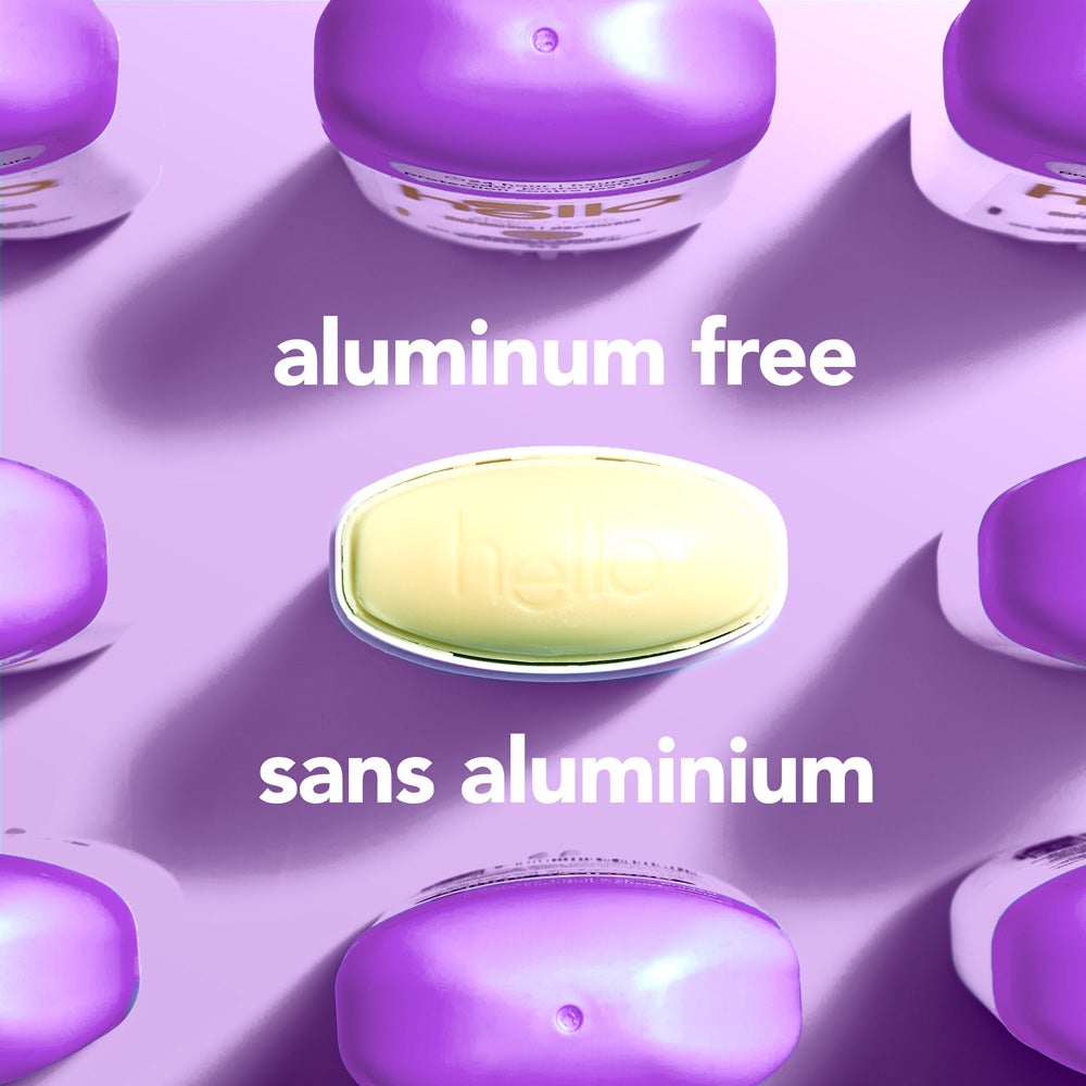 A top-down view of several light purple deodorant containers arranged around a central oval container embossed with the word &quot;hello.&quot; The image includes the text &quot;aluminum free.&quot;uot;aluminum free.&quot;