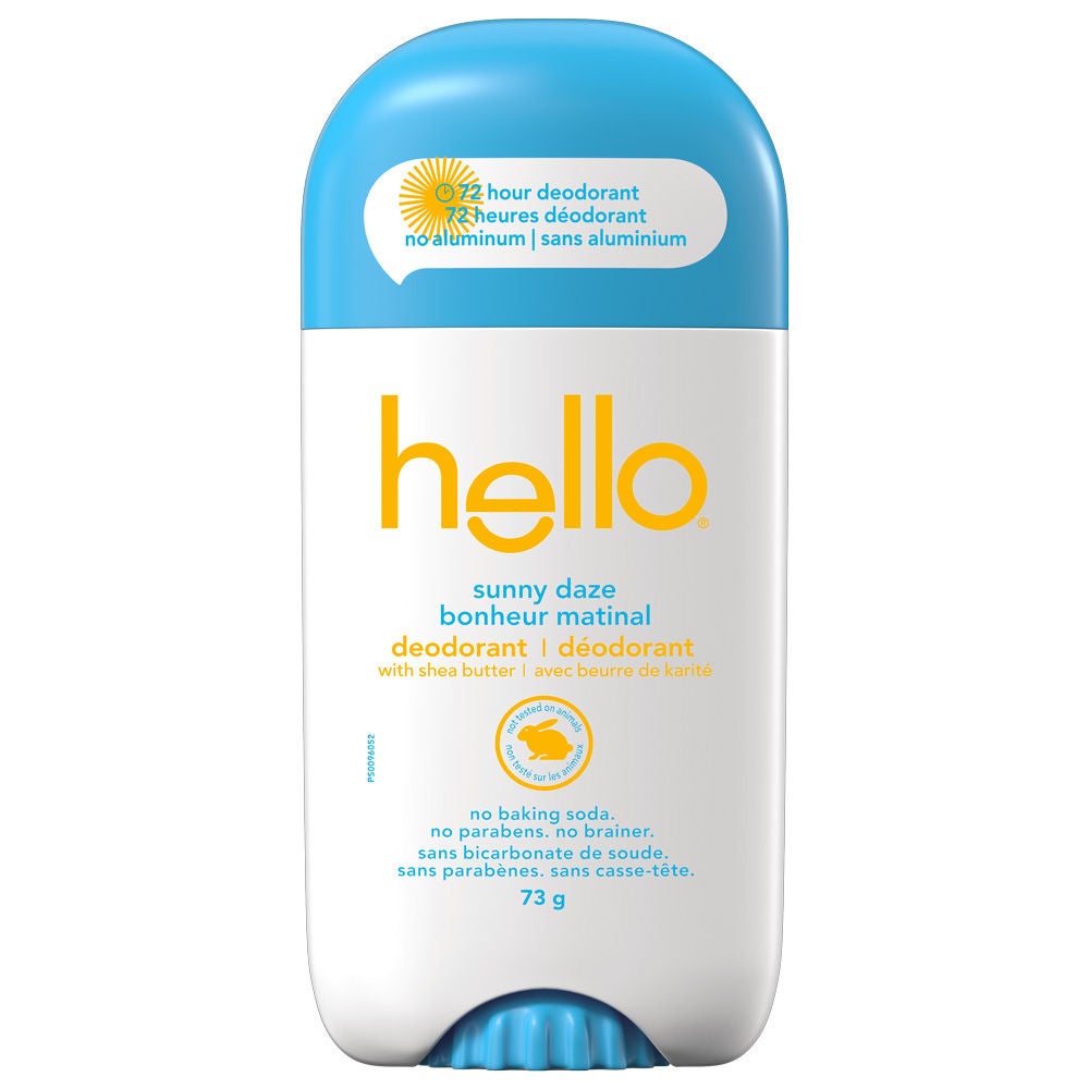 Front view of Hello Sunny Daze aluminum-free 72-hour deodorant container stick, 73 g (2.5 oz). Features a bright blue cap, white body, yellow Hello logo, Leaping Bunny cruelty-free badge, and product claims in English and French