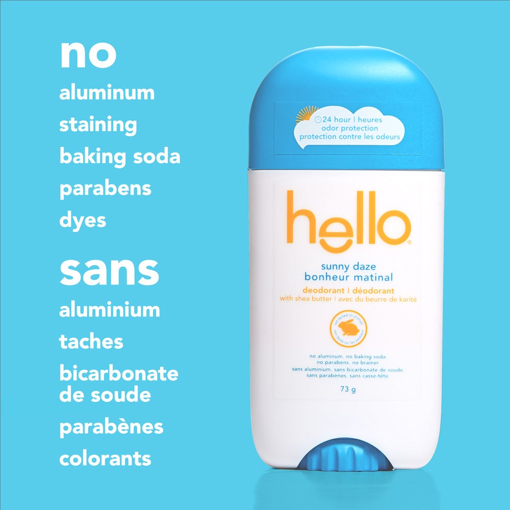Hello Sunny Daze deodorant with shea butter, showing the front of the packaging with 'no aluminum, no baking soda, no parabens, no brainer' text