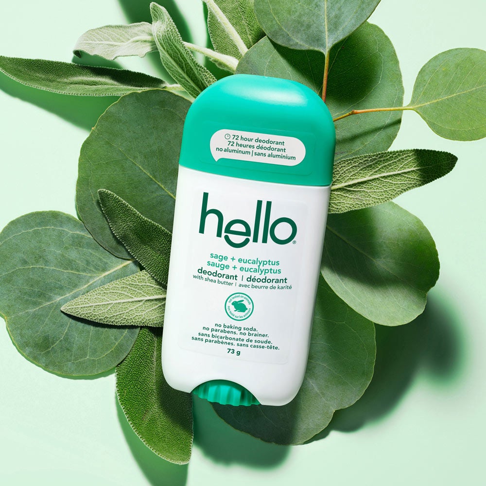 hello sage + eucalyptus aluminum free deodorant for Women and Men surrounded by herbal scent inspiration.