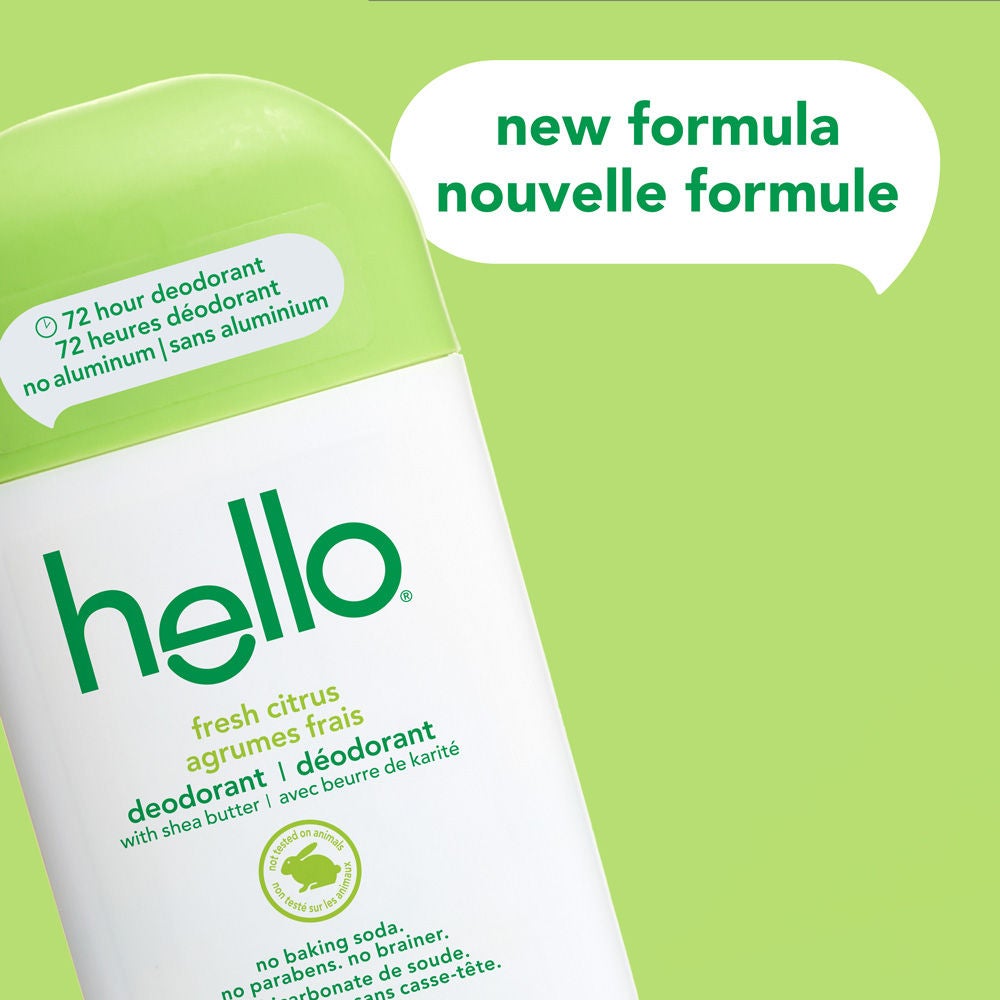 hello Fresh Citrus Aluminum Free Deodorant for Women and Men featuring new packaging and long-lasting odor protection.