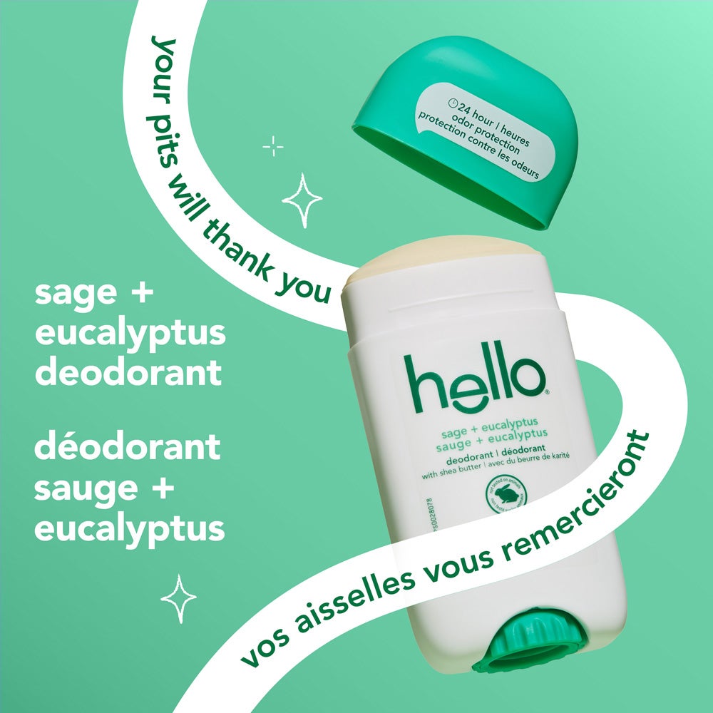 A stick of hello sage and eucalyptus deodorant with its green cap off, set on a green background. The text reads &quot;your pits will thank you&quot; and &quot;sage + eucalyptus deodorant.&quot; Decorative sparkles appear next to the text.
