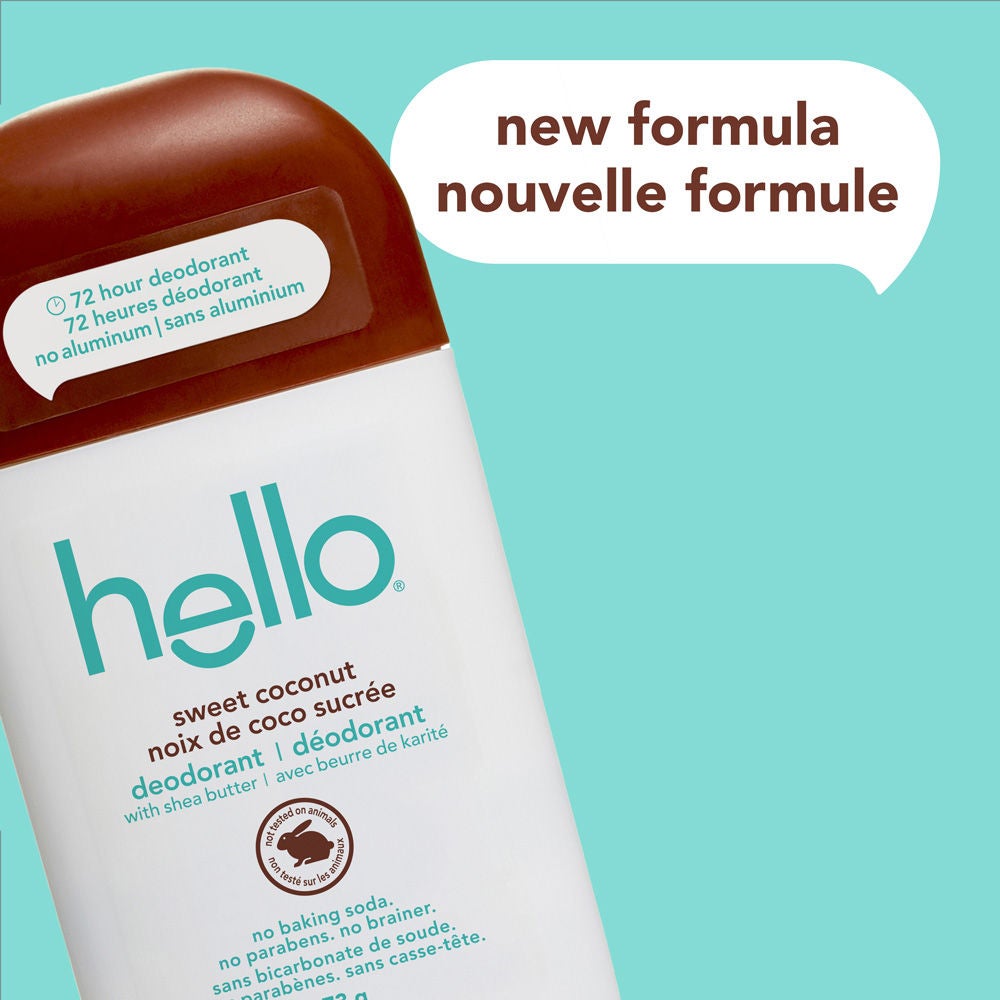 hello sweet coconut aluminum free deodorant for Women and Men featuring new packaging and long-lasting odor protection.