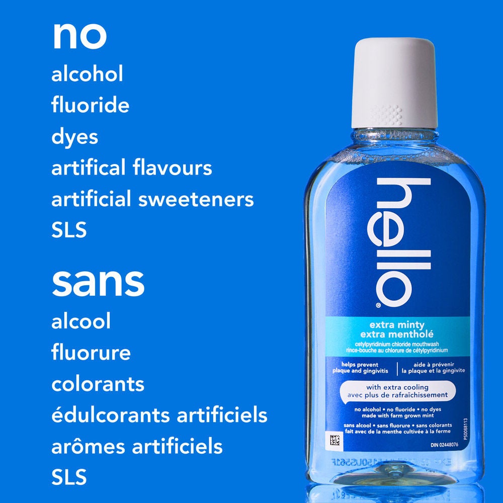hello Extra Minty Alcohol Free Mouthwash with Extra Cooling with text listing no alcohol, fluoride, dyes, artificial flavours, artificial sweeteners, or SLS.