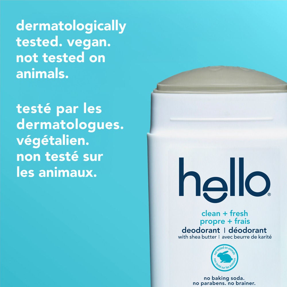 hello Clean + Fresh Aluminum Free Deodorant for Women and Men with smooth stick exposed, dermatologically tested and vegan.
