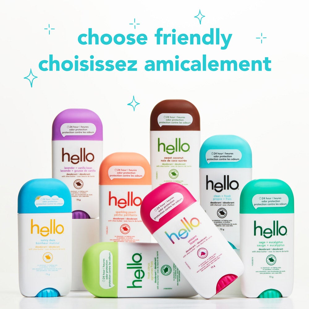 Eight different Hello brand deodorants displayed together, showcasing a variety of scents and formulations and emphasizing 24-hour odor protection.