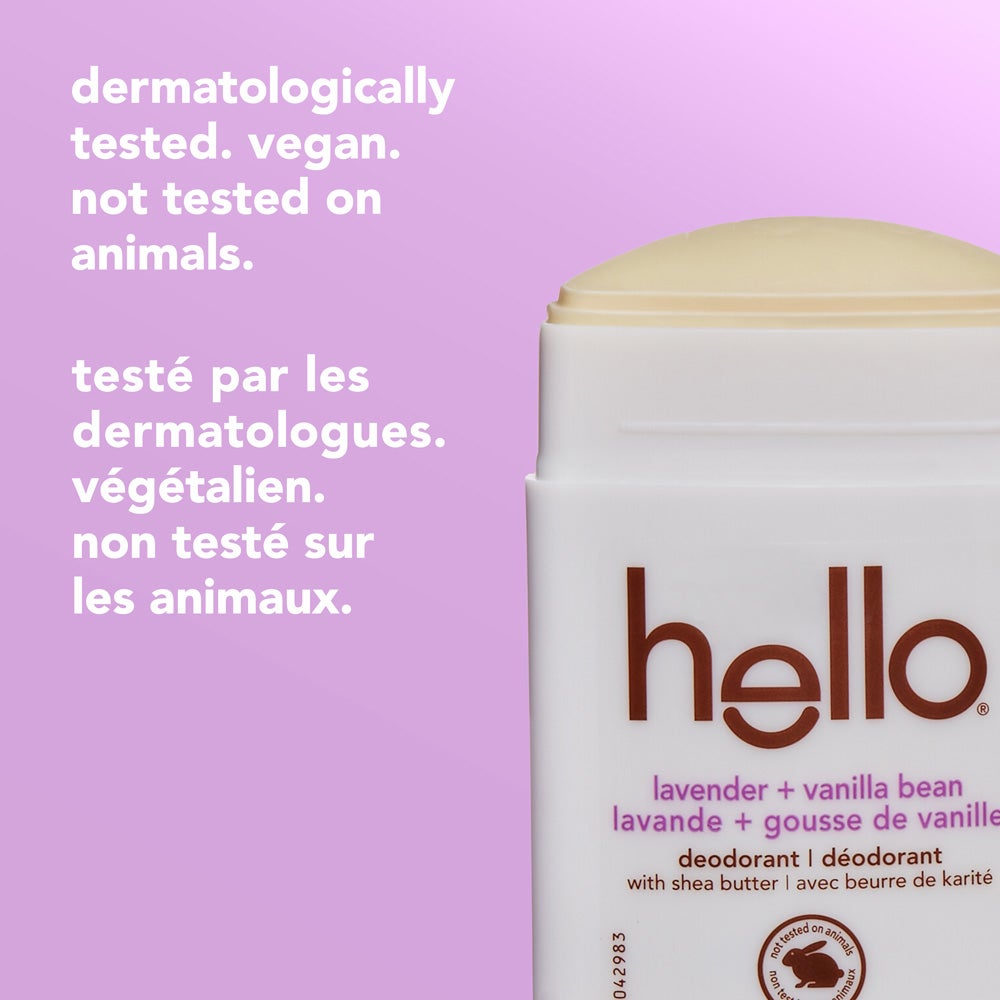 An open hello Lavender Vanilla Bean deodorant stick is shown on the right. On the left side, the image displays text reading &quot;dermatologically tested. vegan. not tested on animals.&quot;