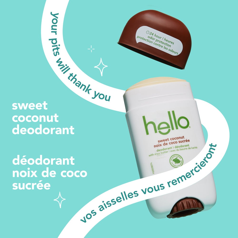 hello sweet coconut deodorant stick with the brown cap removed and hovering above. The label reads ‘deodorant with shea butter.’ Sparkle graphics and a curved text banner say: your pits will thank you. A callout on the cap highlights 24 hour odor protection.