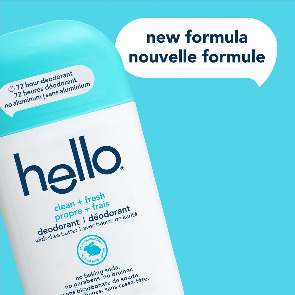 hello Clean + Fresh Aluminum Free Deodorant for Women and Men featuring new packaging and long-lasting odor protection.