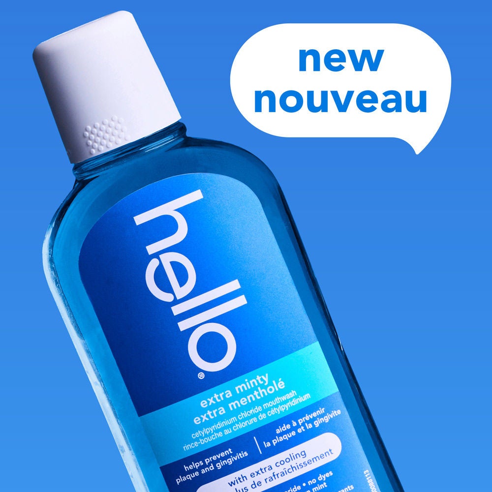 Close-up of hello Extra Minty Alcohol Free Mouthwash with Extra Cooling bottle with “New” callout.