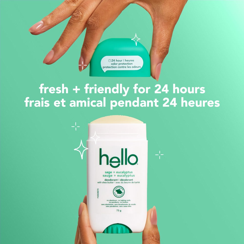 A white bottle of Hello Sage + Eucalyptus deodorant. The bottle has blue and green lettering and states &quot;24 hour odor protection,&quot; &quot;sage + eucalyptus,&quot; &quot;fresh + friendly for 24 hours,&quot; &quot;with shea butter,&quot; &quot;no aluminum,&quot; &quot;no baking soda,&quot; &quot;no parabens,&quot; and &quot;no brainer&quot; in both English and French.