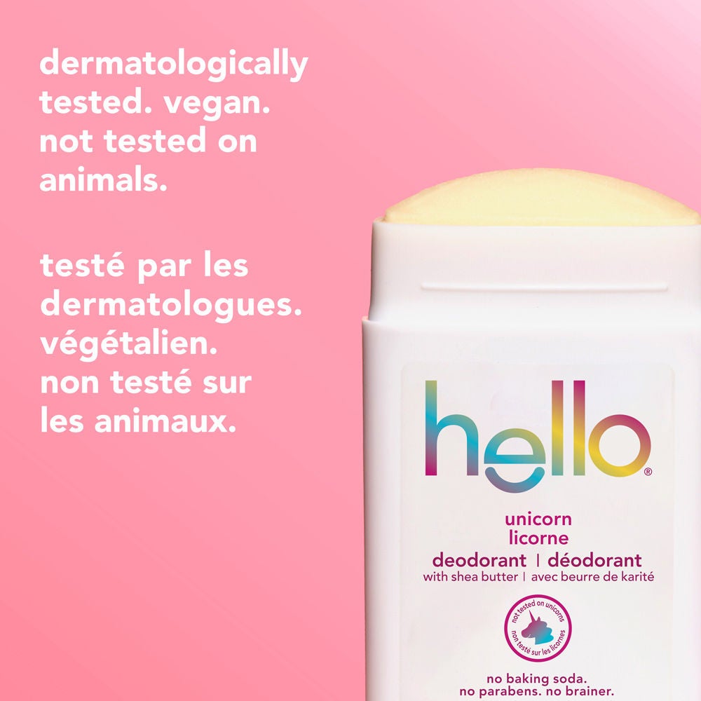 hello unicorn aluminum free deodorant for Women and Men with cap off and a little extra magic.