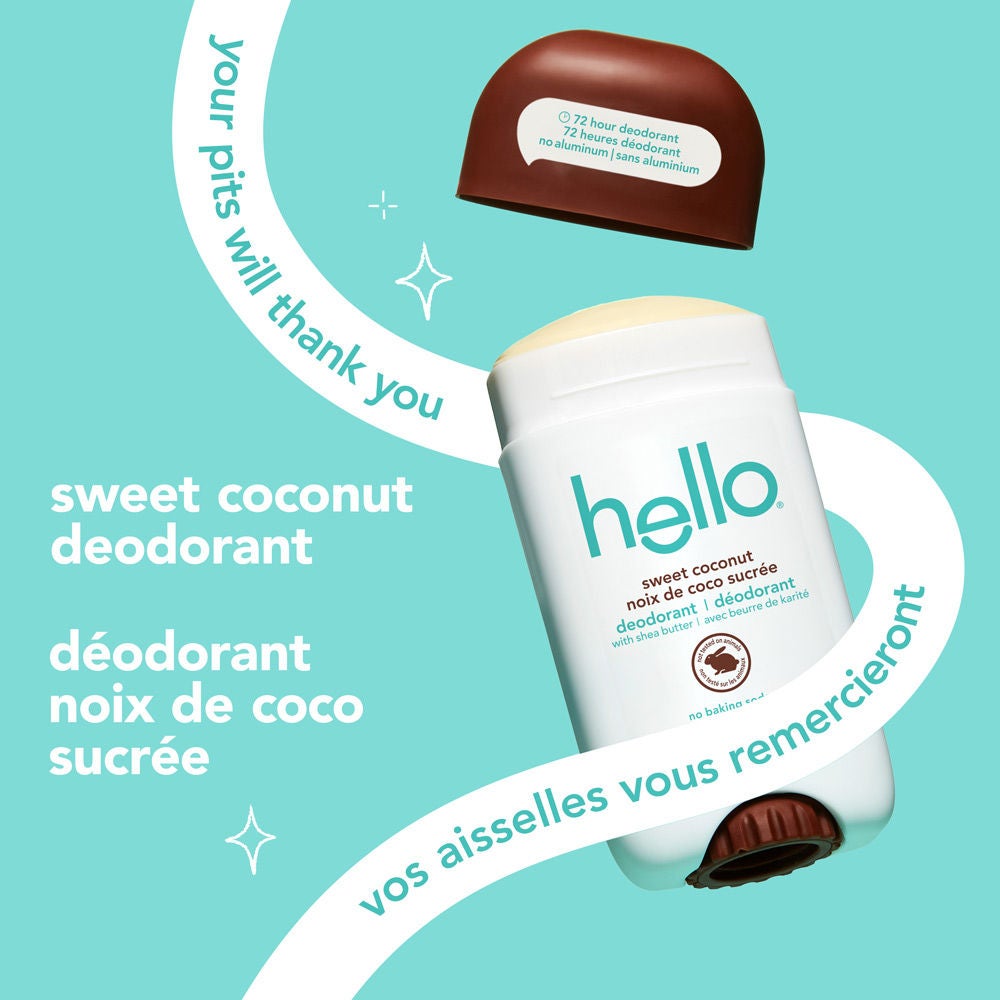 hello sweet coconut deodorant stick with a brown cap, cap removed to show the product. Text on the left reads: dermatologically tested, vegan, not tested on animals.