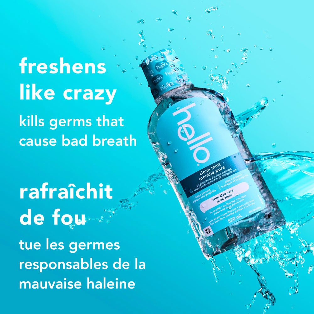 hello Clean Mint Alcohol Free Mouthwash bottle surrounded by a splash of water with text reading “Freshens like crazy.