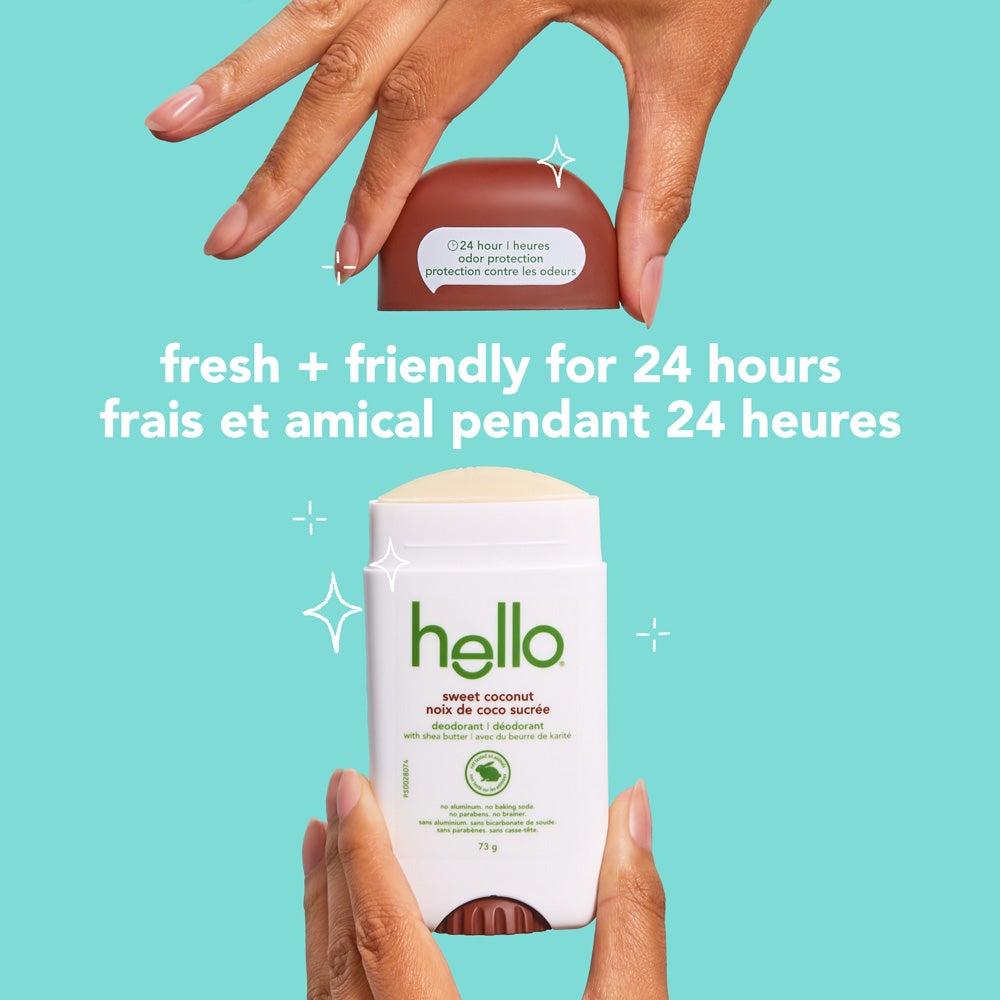 A white bottle of Hello Sweet Coconut Deodorant. The bottle has blue and green lettering and states &quot;24 hour odor protection,&quot; &quot;sweet coconut,&quot; &quot;with shea butter,&quot; &quot;no aluminum,&quot; &quot;no baking soda,&quot; &quot;no parabens,&quot; and &quot;no brainer&quot; in both English and French.