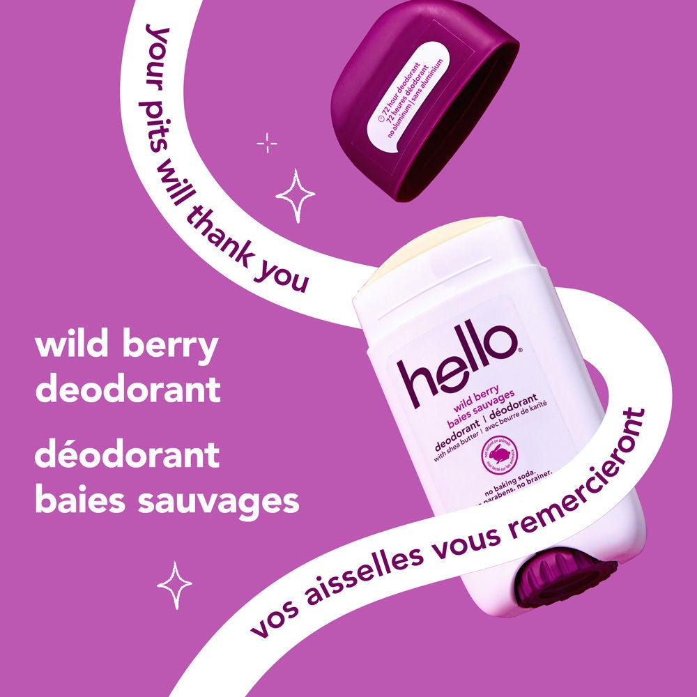 hello Wild Berry Aluminum Free Deodorant for Women and Men with cap off because your pits deserve the berry best.