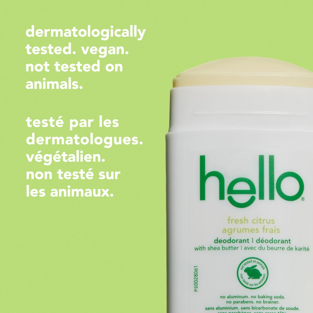 An open hello fresh citrus deodorant stick is shown on the right. On the left side, the image displays text reading &quot;dermatologically tested. vegan. not tested on animals.&quot;