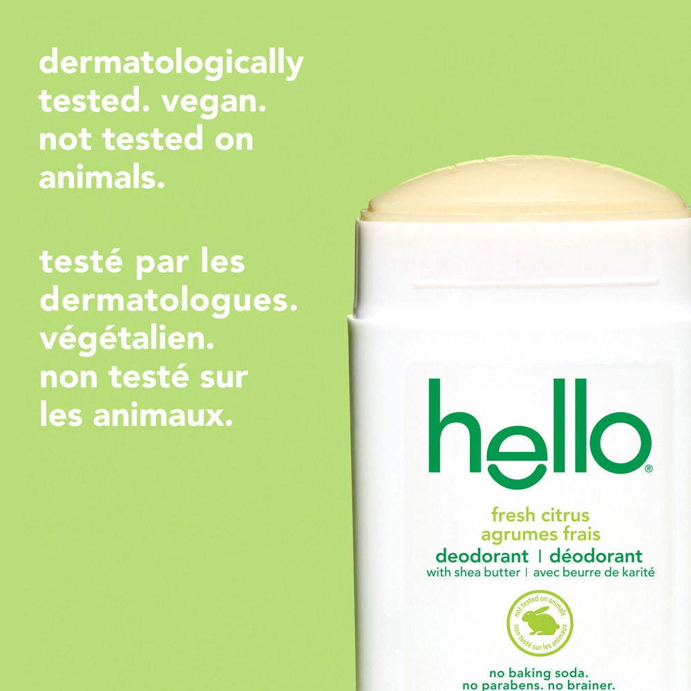 hello Fresh Citrus Aluminum Free Deodorant for Women and Men with smooth stick exposed, dermatologically tested and vegan.